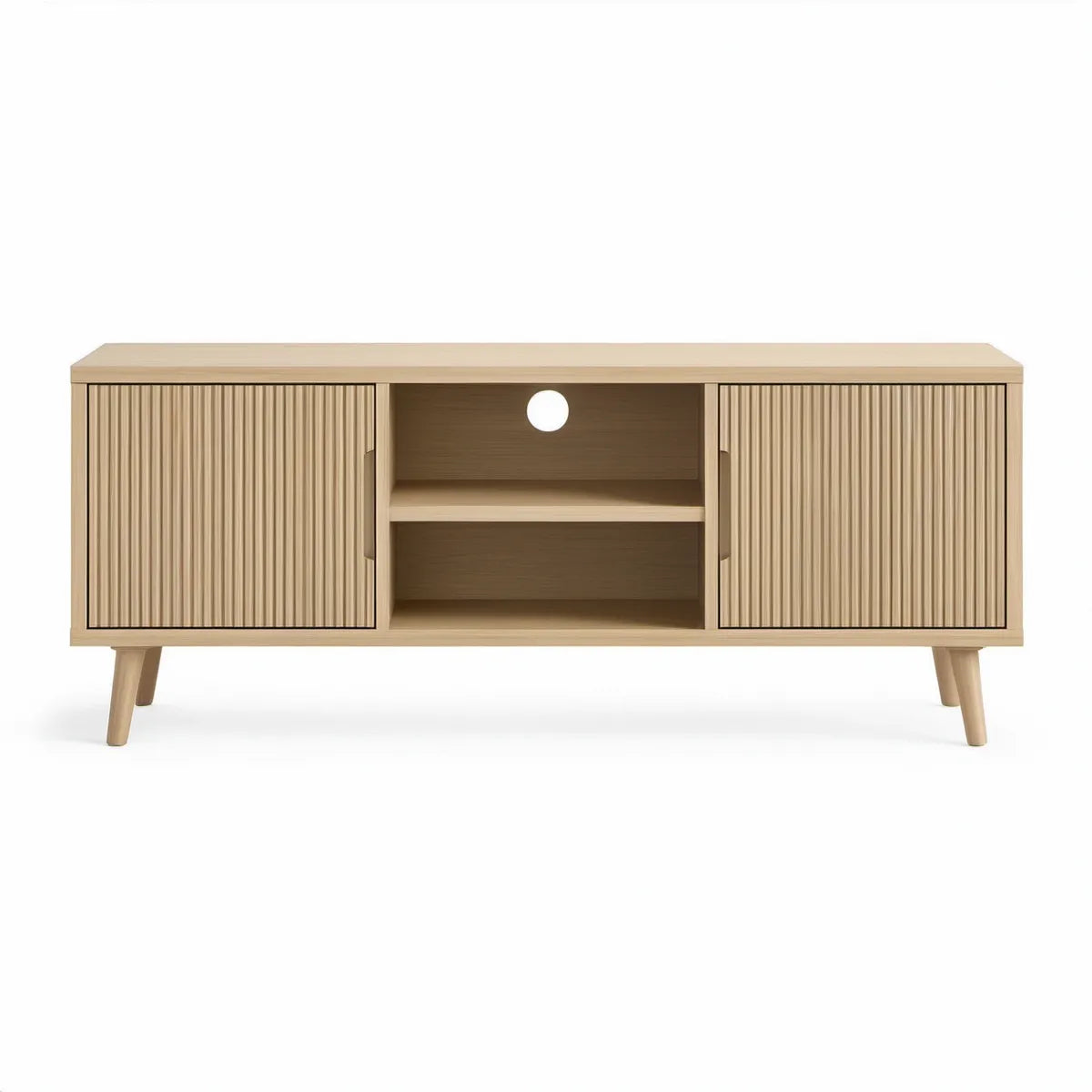 TV stolek se 2 dvířky a otevřenými přihrádkami, 140 × 40 × 55 cm, přírodní dub/světle béžová