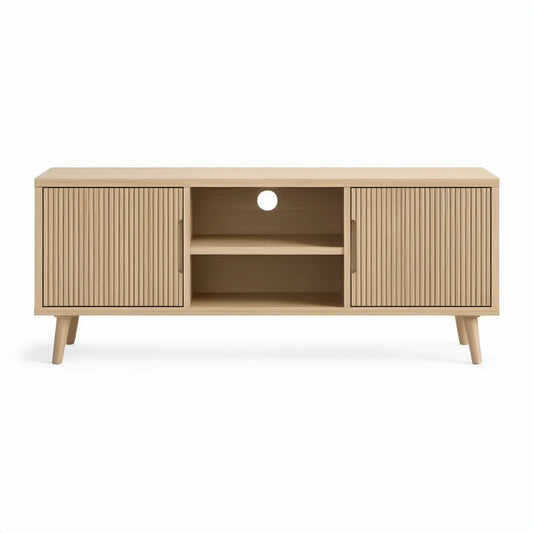 TV stolek se 2 dvířky a otevřenými přihrádkami, 140 × 40 × 55 cm, přírodní dub/světle béžová