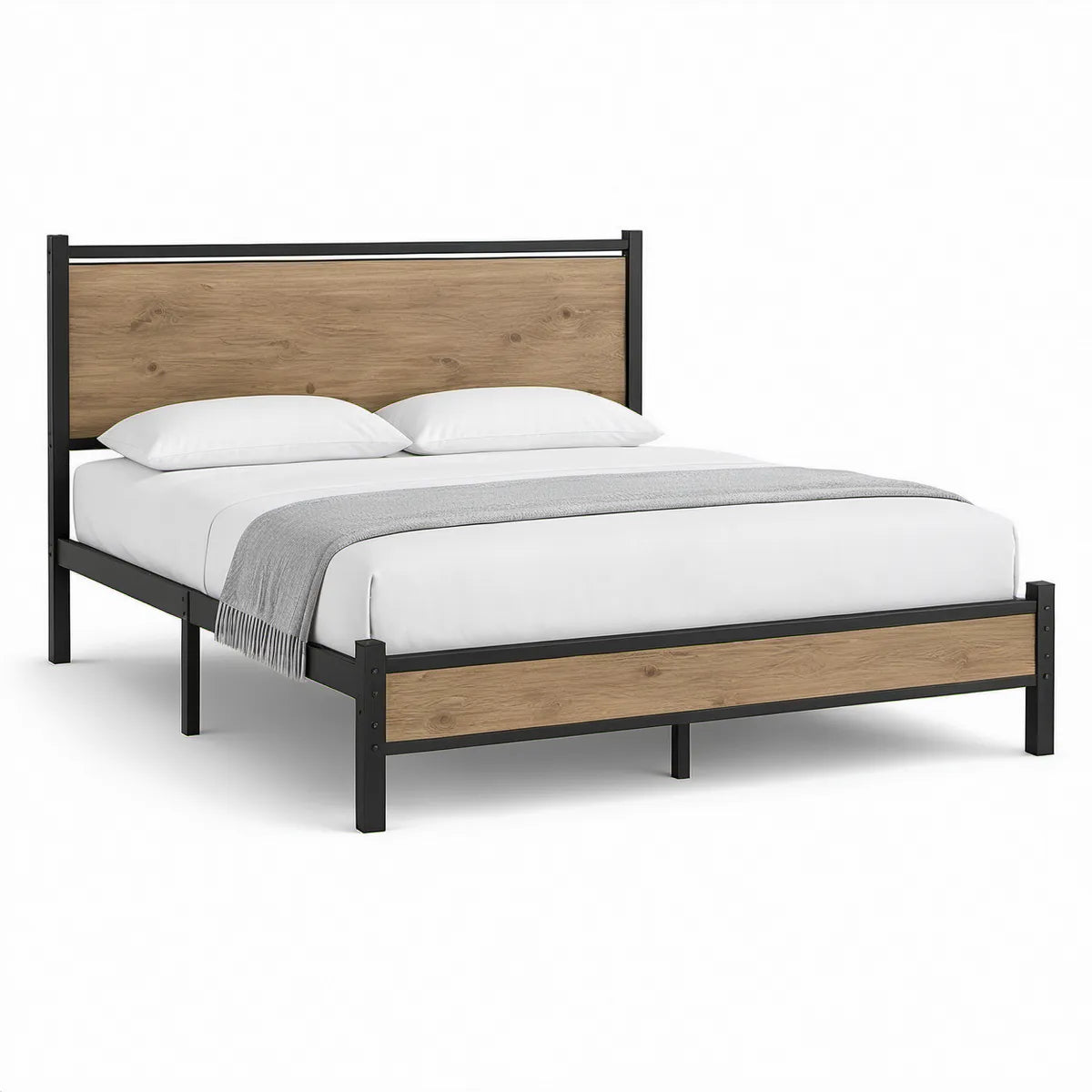 Rám manželské postele 160 x 200 cm z oceli a MDF, černý/dubový