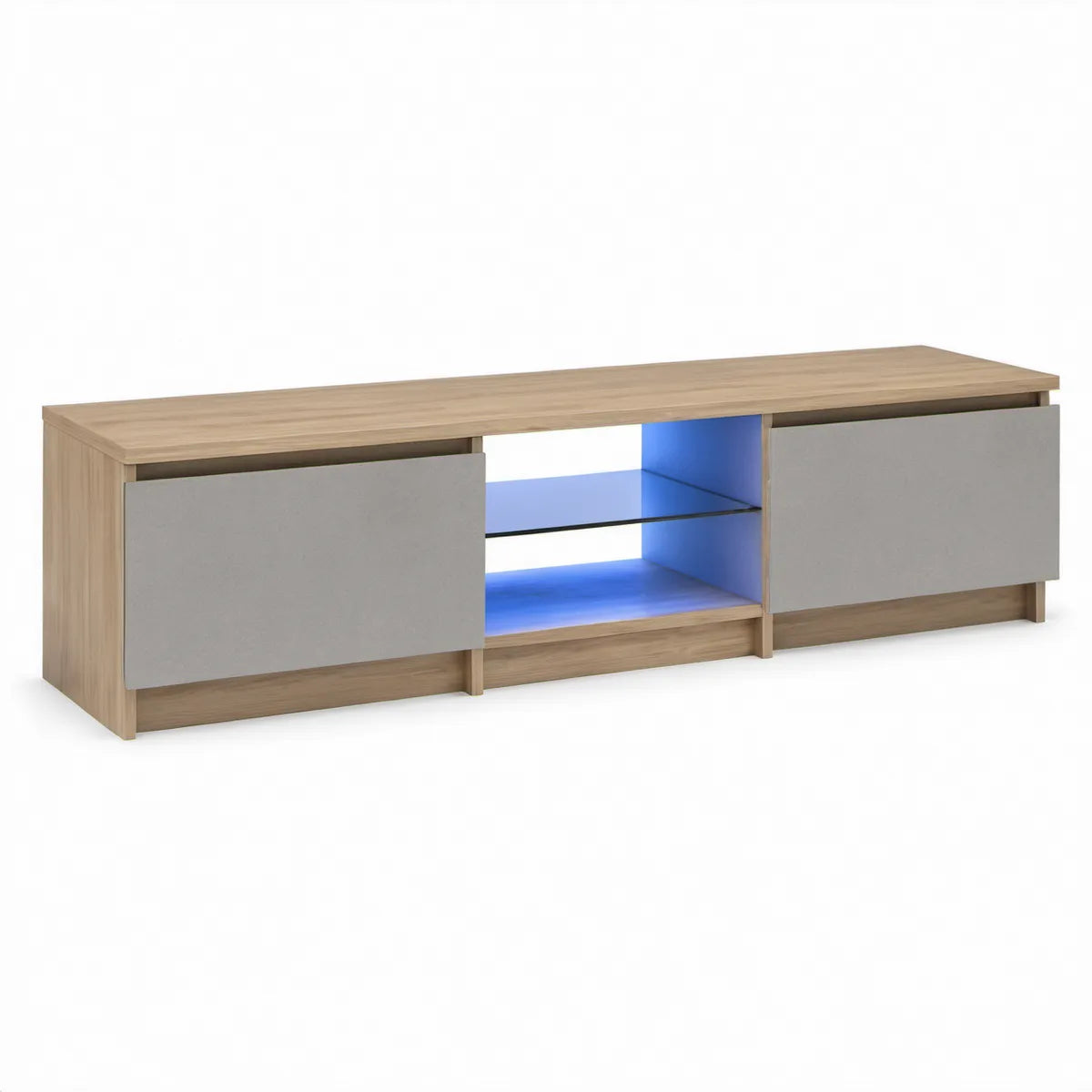 TV stolek s 2 posuvnými dvířky a modrým LED osvětlením, 160 × 40 × 45 cm, dekor dub/šedá