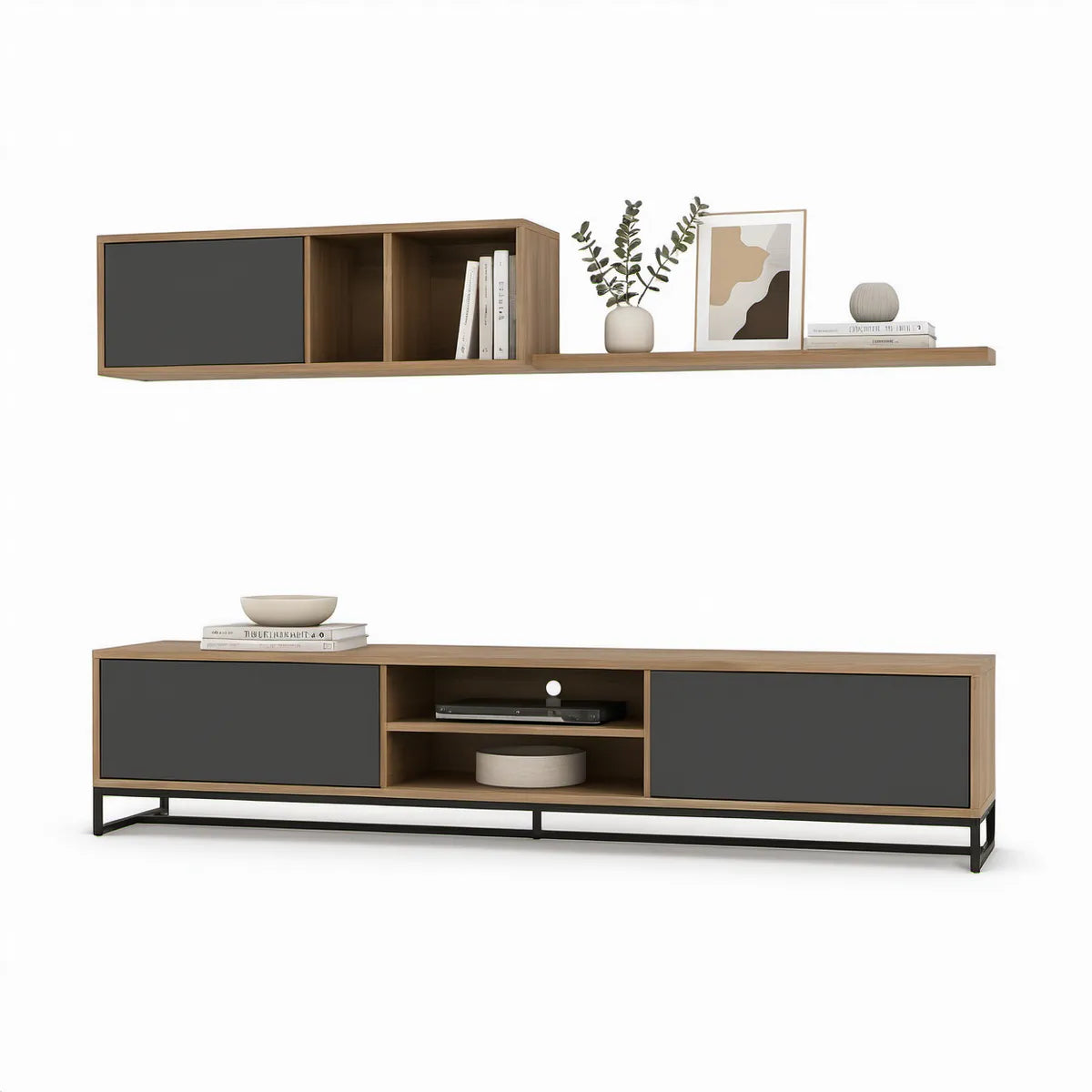 TV stolek s nástěnným úložným modulem, ořechová/antracitová/černá, spodní díl 180 × 40 × 45 cm, horní díl 180 × 25 × 30 cm