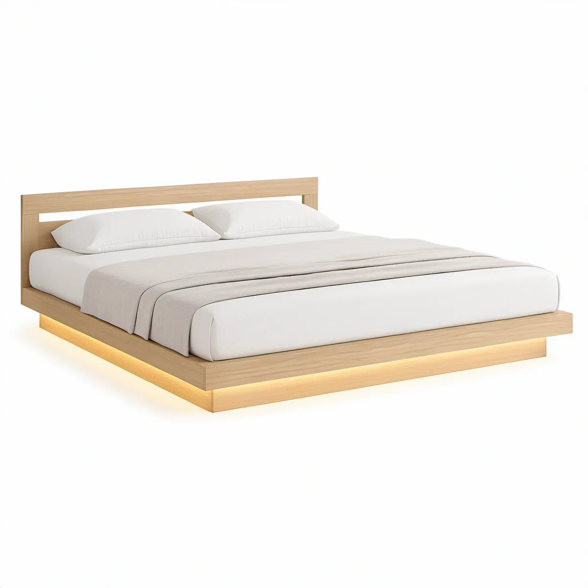 Rám ve světlém dubu s LED osvětlením pro matraci 180 × 200 cm, 215 × 190 × 90 cm